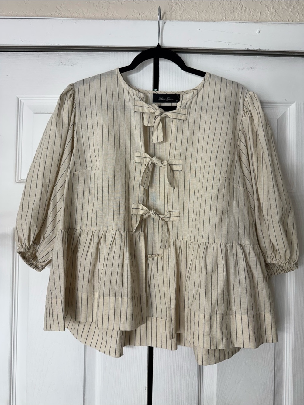 Anna Grace Cream Striped Tie-Front Peplum Tunic